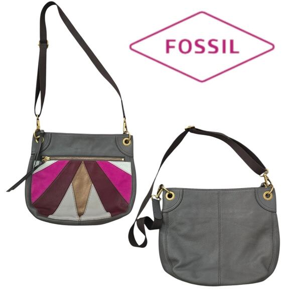 Fossil Patchwork Shoulder Bag Gray Pebbled Leather Purple Pink Retro Purse - Picture 6 of 6
